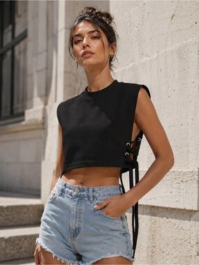 Black Lace-Up Side Crop Top - Women's Sleeveless Tee
